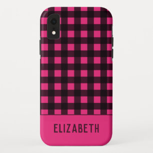 Hot Pink Black Plaid Name iPhone XR Case