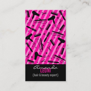 Hot Pink & Black Salon Tools Vertical Business Card by creativetaylor at Zazzle