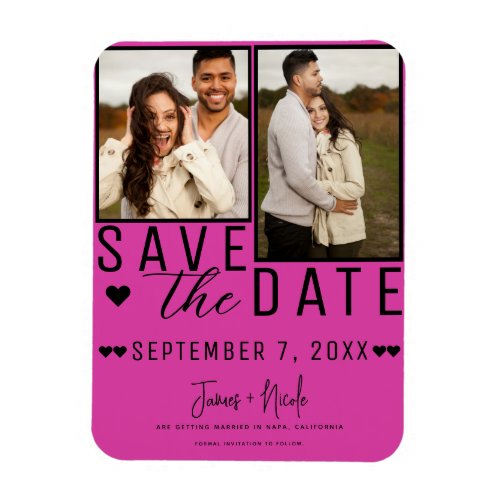 Hot Pink  Black Save the Date 2 Photo Wedding Magnet