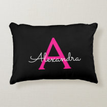 Hot Pink Black Script Girly Monogram Name Accent Pillow