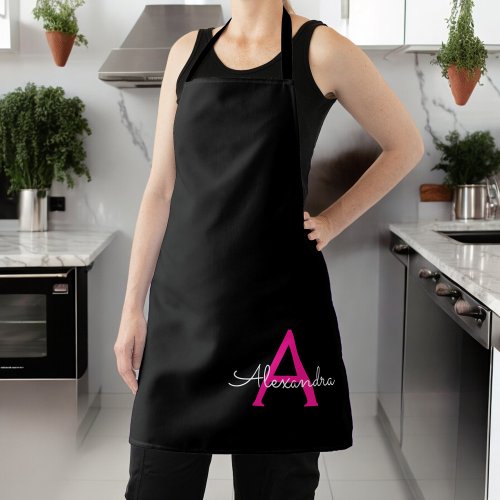 Hot Pink Black Script Girly Monogram Name Apron