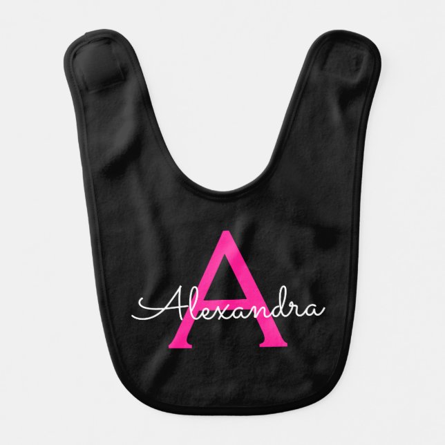Hot Pink Black Script Girly Monogram Name Baby Bib (Front)