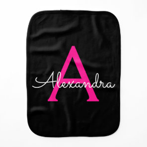 Hot Pink Black Script Girly Monogram Name Baby Burp Cloth