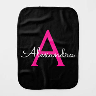 Hot Pink Black Script Girly Monogram Name Baby Burp Cloth