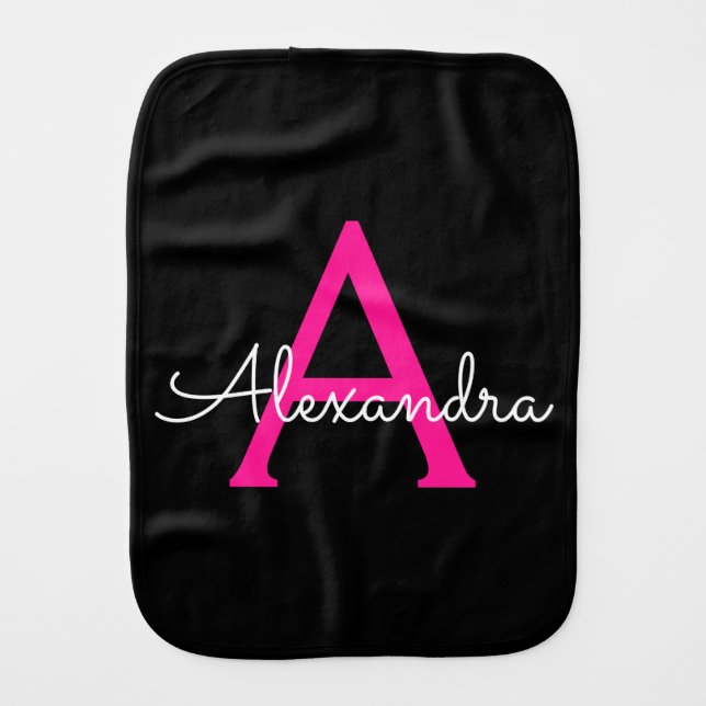 Hot Pink Black Script Girly Monogram Name Baby Burp Cloth (Front)