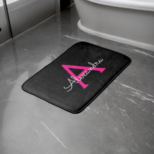 Hot Pink Black Script Girly Monogram Name Bath Mat