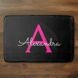 Hot Pink Black Script Girly Monogram Name Bath Mat