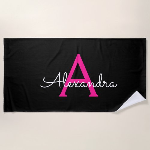 Hot Pink Black Script Girly Monogram Name Beach Towel