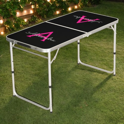 Hot Pink Black Script Girly Monogram Name Beer Pong Table