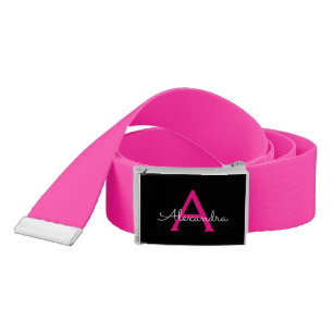 Hot Pink Black Script Girly Monogram Name Belt