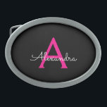 Hot Pink Black Script Girly Monogram Name Belt Buckle<br><div class="desc">Black and Hot Pink Simple Script Monogram Name Belt Buckle. This makes the perfect graduation,  sweet 16 16th,  18th,  21st,  30th,  40th,  50th,  60th,  70th,  80th,  90th,  100th birthday,  wedding,  bridal shower,  anniversary,  baby shower or bachelorette party gift for someone that loves glam luxury and chic styles.</div>