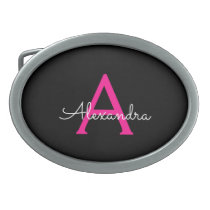 Hot Pink Black Script Girly Monogram Name Belt Buckle