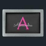 Hot Pink Black Script Girly Monogram Name Belt Buckle<br><div class="desc">Black and Hot Pink Simple Script Monogram Name Belt Buckle. This makes the perfect graduation,  sweet 16 16th,  18th,  21st,  30th,  40th,  50th,  60th,  70th,  80th,  90th,  100th birthday,  wedding,  bridal shower,  anniversary,  baby shower or bachelorette party gift for someone that loves glam luxury and chic styles.</div>