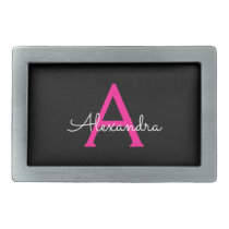 Hot Pink Black Script Girly Monogram Name Belt Buckle