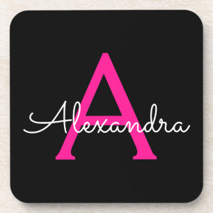 Hot Pink Black Script Girly Monogram Name Beverage Coaster
