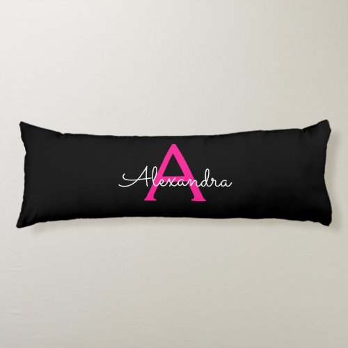 Hot Pink Black Script Girly Monogram Name Body Pillow