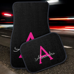 Hot Pink Black Script Girly Monogram Name Car Floor Mat