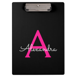 Hot Pink Black Script Girly Monogram Name Clipboard