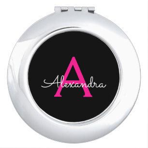 Hot Pink Black Script Girly Monogram Name Compact Mirror