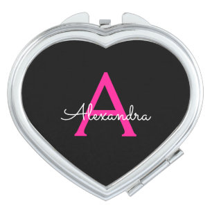 Hot Pink Black Script Girly Monogram Name Compact Mirror