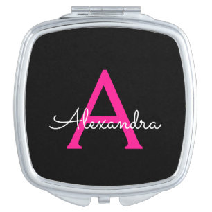 Hot Pink Black Script Girly Monogram Name Compact Mirror