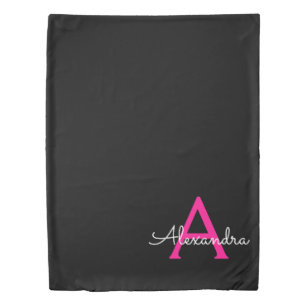 Hot Pink Black Script Girly Monogram Name Duvet Cover