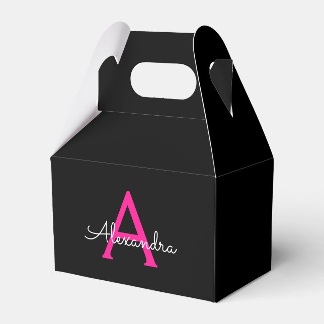 Hot Pink Black Script Girly Monogram Name Favor Boxes (Front Side)