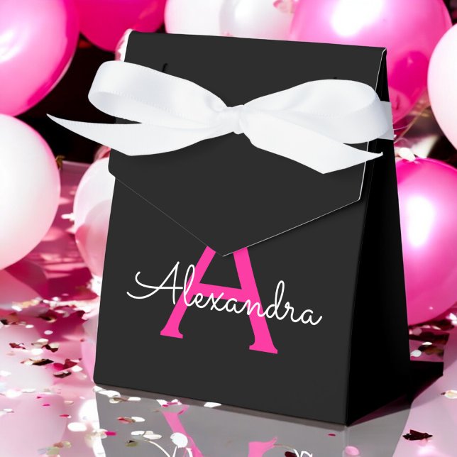 Hot Pink Black Script Girly Monogram Name Favor Boxes (Creator Uploaded)