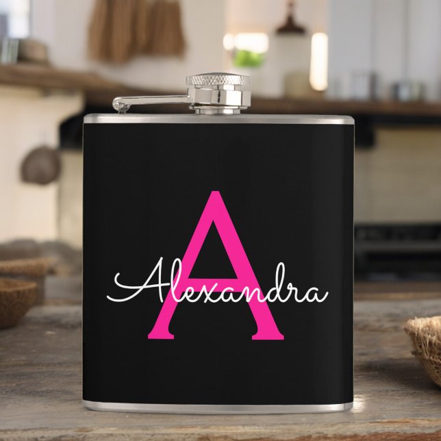 Hot Pink Black Script Girly Monogram Name Flask (Creator Uploaded)