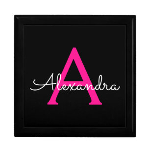 Hot Pink Black Script Girly Monogram Name Gift Box