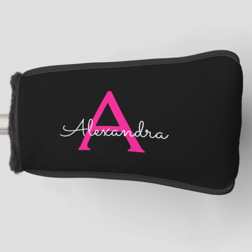 Hot Pink Black Script Girly Monogram Name Golf Head Cover