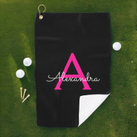 Hot Pink Black Script Girly Monogram Name Golf Towel