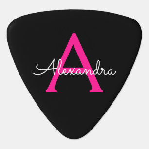 Hot Pink Black Script Girly Monogram Name Guitar Pick
