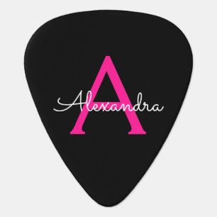 Hot Pink Black Script Girly Monogram Name Guitar Pick