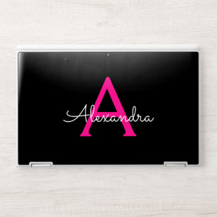 Hot Pink Black Script Girly Monogram Name HP Laptop Skin