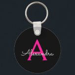 Hot Pink Black Script Girly Monogram Name Keychain<br><div class="desc">Black and Hot Pink Simple Script Monogram Name Keychains (Key Chain). This makes the perfect sweet 16 birthday,  wedding,  bridal shower,  anniversary,  baby shower or bachelorette party gift for someone that loves glam luxury and chic styles.</div>