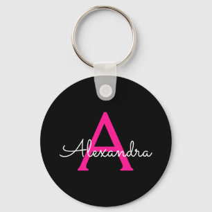 Hot Pink Black Script Girly Monogram Name Keychain