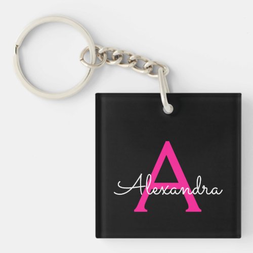 Hot Pink Black Script Girly Monogram Name Keychain