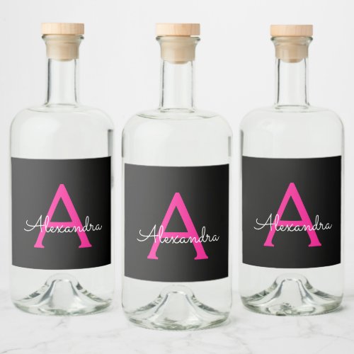 Hot Pink Black Script Girly Monogram Name Liquor Bottle Label