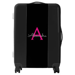 Hot Pink Black Script Girly Monogram Name Luggage