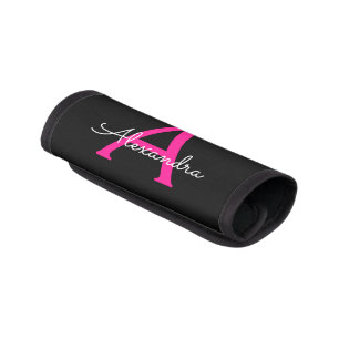 Hot Pink Black Script Girly Monogram Name Luggage Handle Wrap