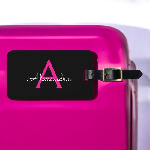 Hot Pink Black Script Girly Monogram Name Luggage Tag