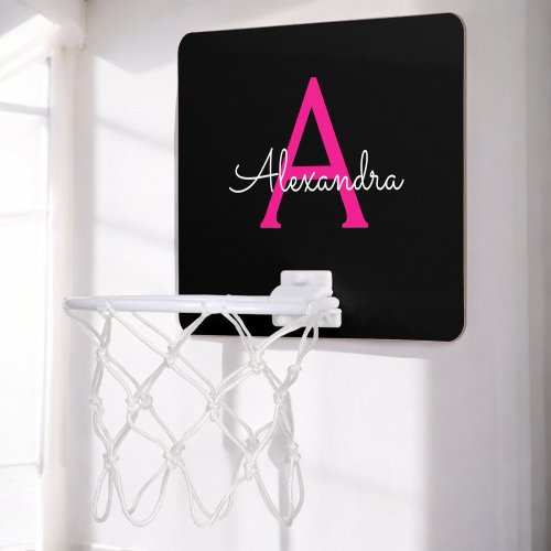 Hot Pink Black Script Girly Monogram Name Mini Basketball Hoop