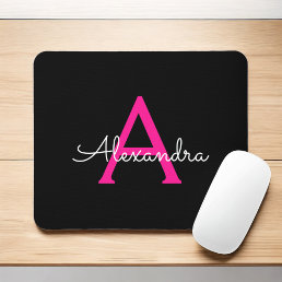 Hot Pink Black Script Girly Monogram Name Mouse Pad