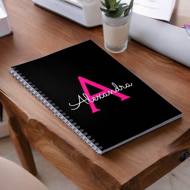 Hot Pink Black Script Girly Monogram Name Notebook (Creator Uploaded)