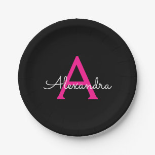 Hot Pink Black Script Girly Monogram Name Paper Plates