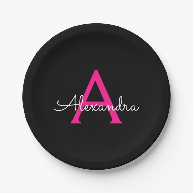 Hot Pink Black Script Girly Monogram Name Paper Plates (Front)