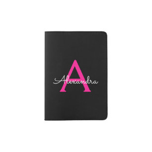Hot Pink Black Script Girly Monogram Name Passport Holder