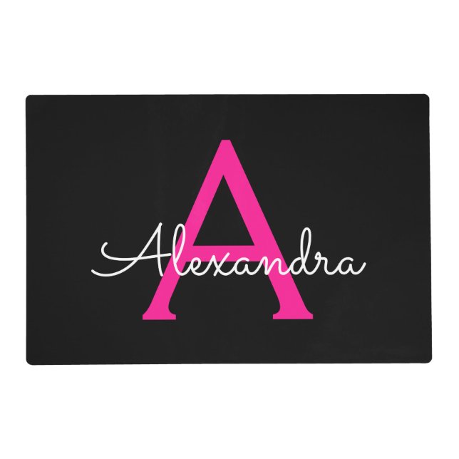 Hot Pink Black Script Girly Monogram Name Placemat (Front)