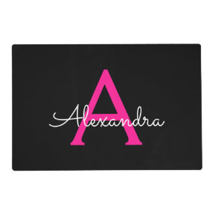 Hot Pink Black Script Girly Monogram Name Placemat